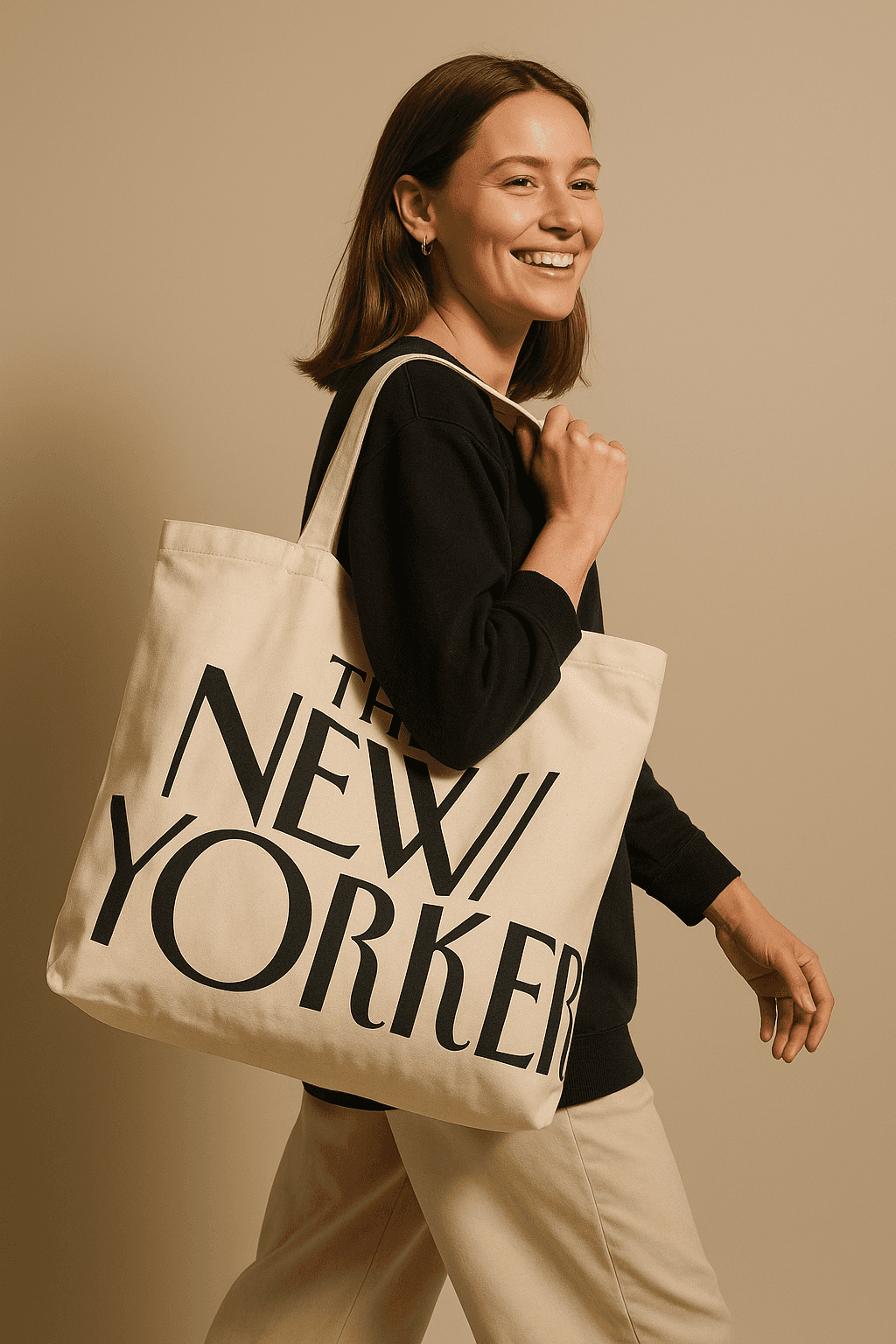 Femme portant un grand sac fourre-tout en coton naturel arborant le logo The New Yorker, stylisé en texte noir, sur un fond beige.