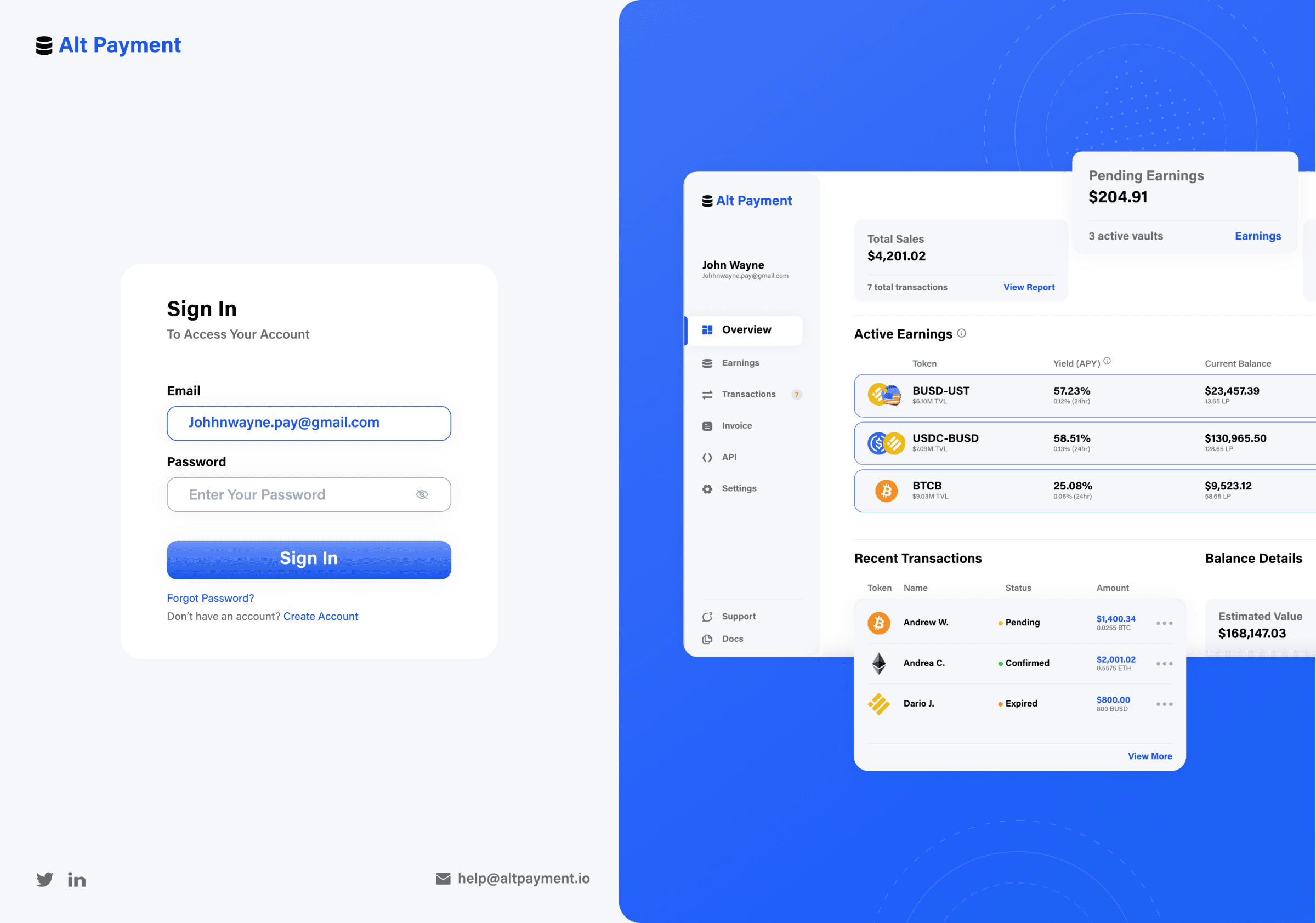 The login screen of the Alt Payment app presents a secure gateway for user authentication and access. This interface serves as the initial point for users to log in and gain entry to the decentralized payment platform. Through this login screen, users can securely authenticate their credentials to access the platform's features, including payment management, invoice creation, wallet connectivity, and transaction tracking. Alt Payment prioritizes security and ease of access, providing a seamless and secure login experience for users to engage with the platform's functionalities.