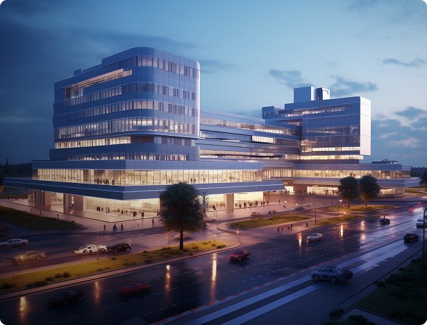 Route avec batiment futuriste en fond