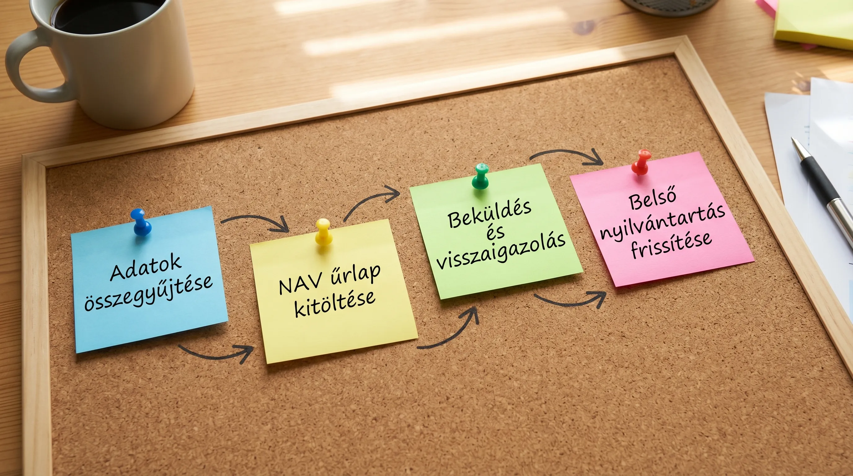 Egyszerű folyamatábra 4 dobozzal: “Adatok összegyűjtése”, “NAV űrlap kitöltése”, “Beküldés és visszaigazolás”, “Belső nyilvántartás frissítése”.