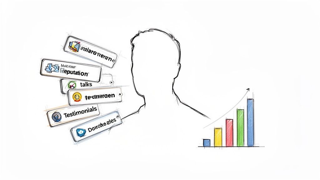 Sketchy illustration of a person with tags like 'Reputation' and 'Testimonials' next to a growing bar chart.