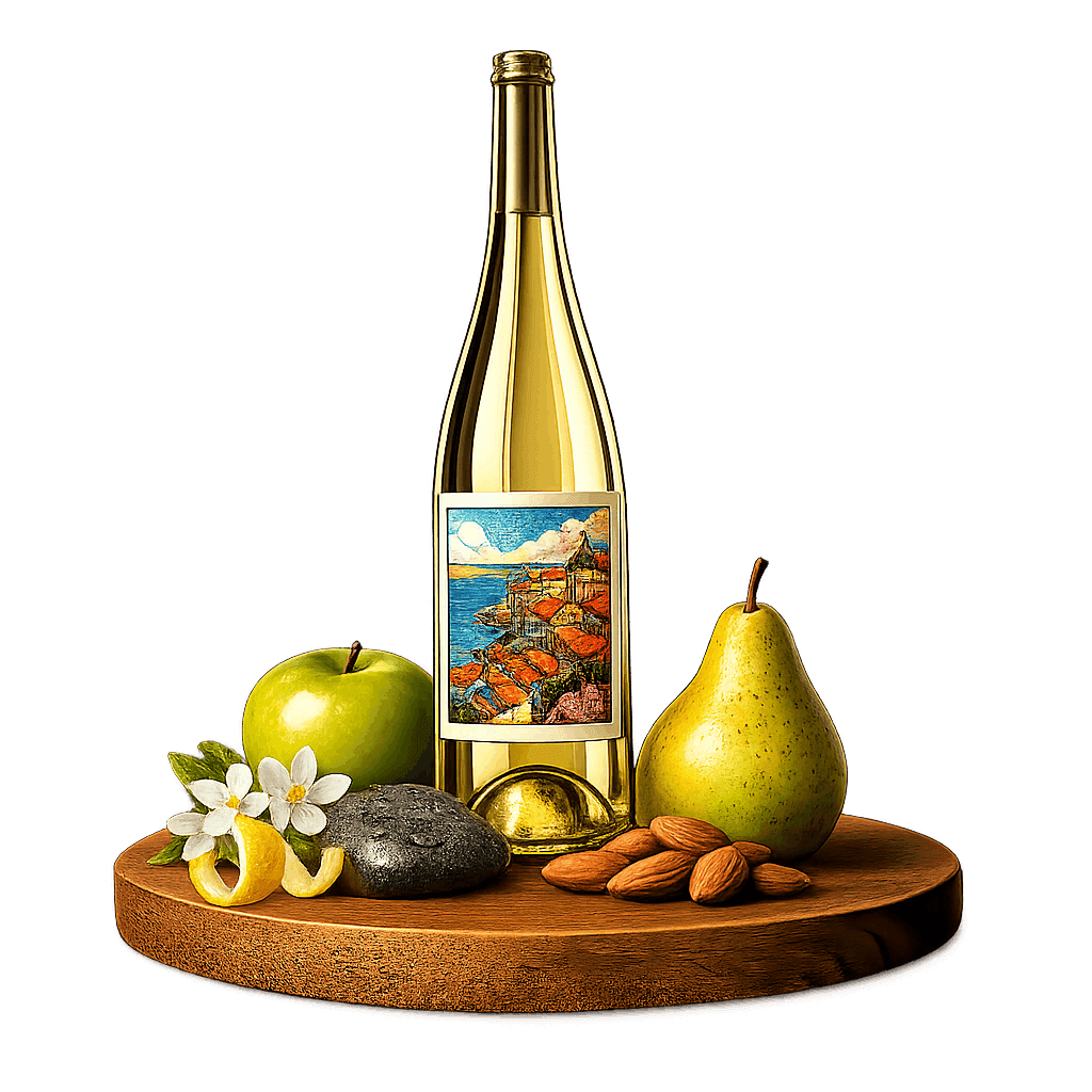 Artistic label and flavor profile for Croatian White Blend on a rustic wooden table.
