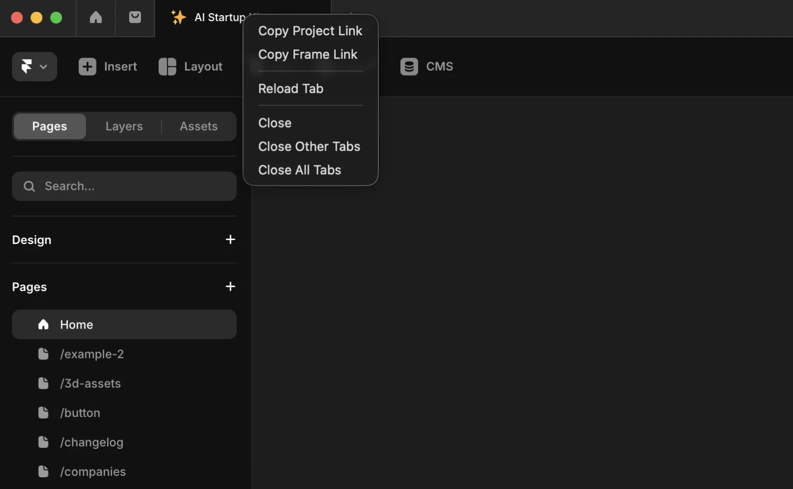 Framer 앱에서 프로젝트 링크를 복사하기 위해 상단 탭을 클릭한 화면입니다.