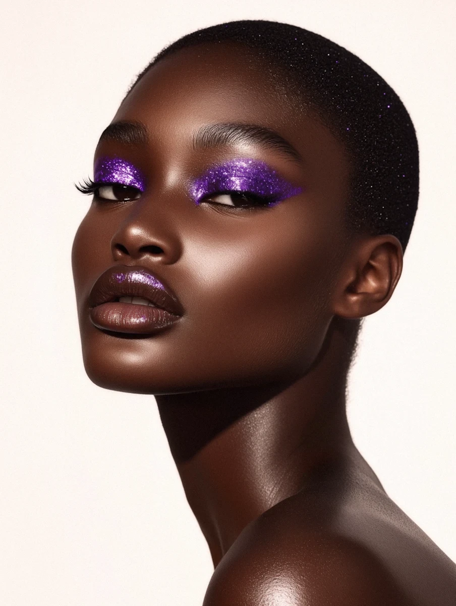 Close-up of a woman with bold purple glitter makeup, glossy lips, and radiant skin, showcasing a glamorous beauty look.