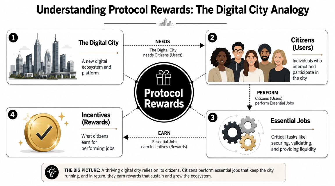 An infographic explaining the protocol rewards digital city analogy with four steps involving users, jobs, and incentives.