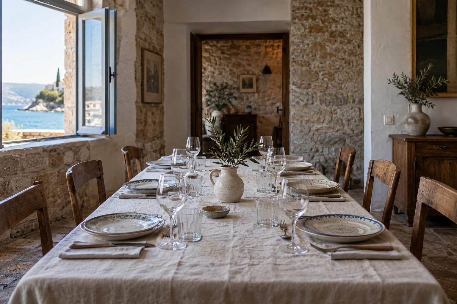 A long table set for a private dinner at Santo Mare, overlooking the sea