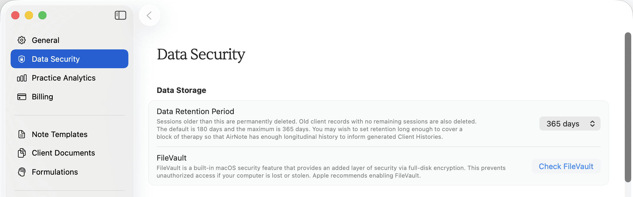 Data Security selected in AirNote Settings, with Data Retention Period visible under Data Storage.