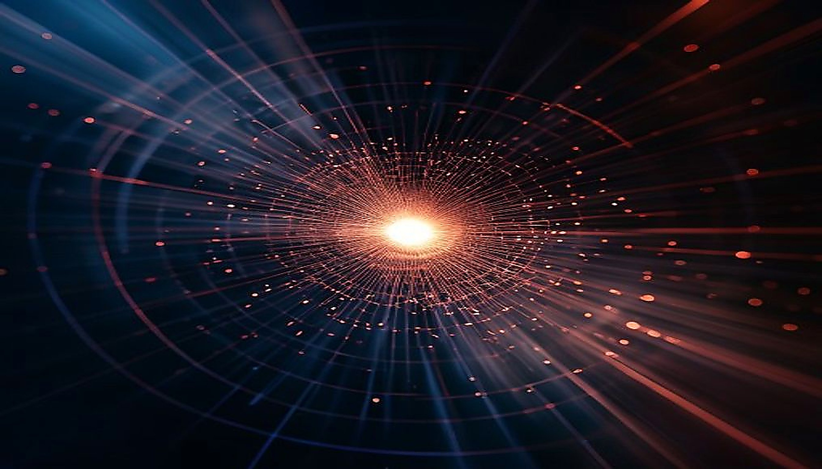 Tangled luminous threads converging into one sharp beam, visualizing API product brand strategy as focused signal.