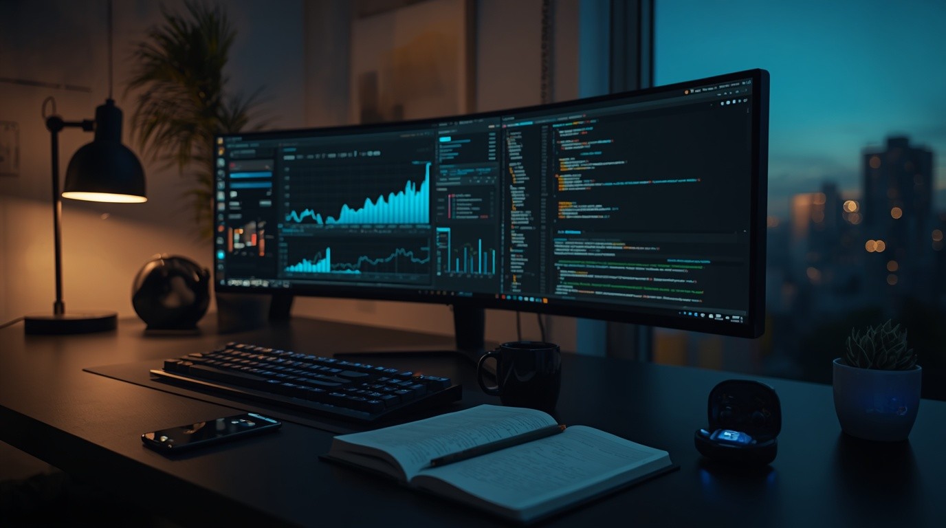 A cinematic editorial photograph of a modern tech analyst's workspace at night