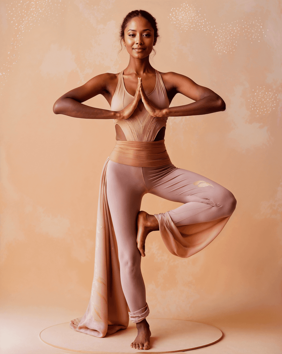 Woman doing the yoga pose in pink yoga dress
