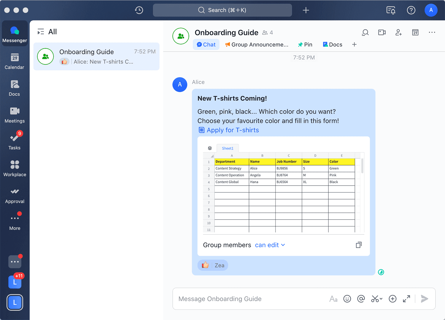 Screenshot: New T-Shirt Announcement in Lark Chat with Link to Request Form in Lark Sheet
