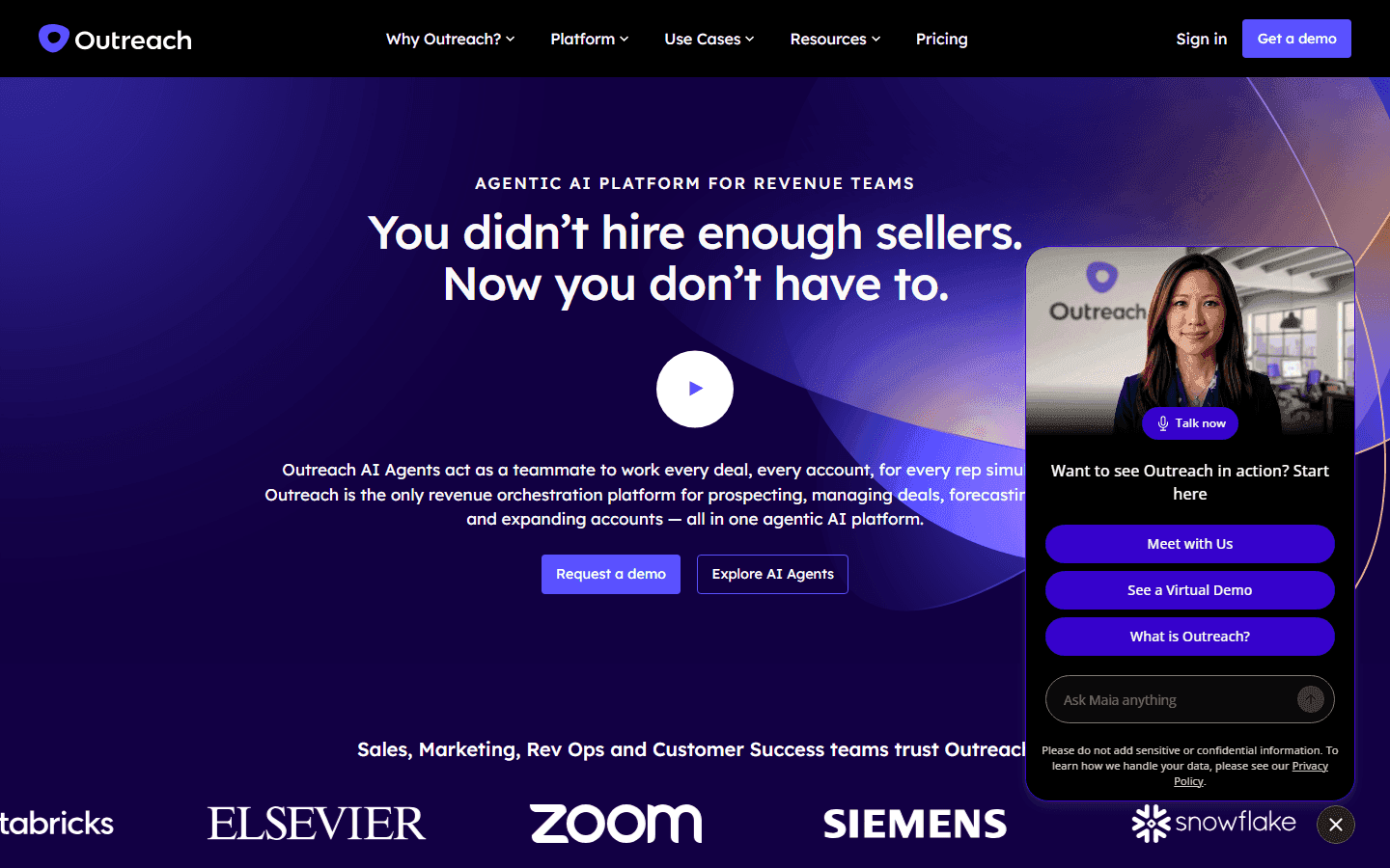 The Outreach homepage, headlined "You didn't hire enough sellers. Now you don't have to."