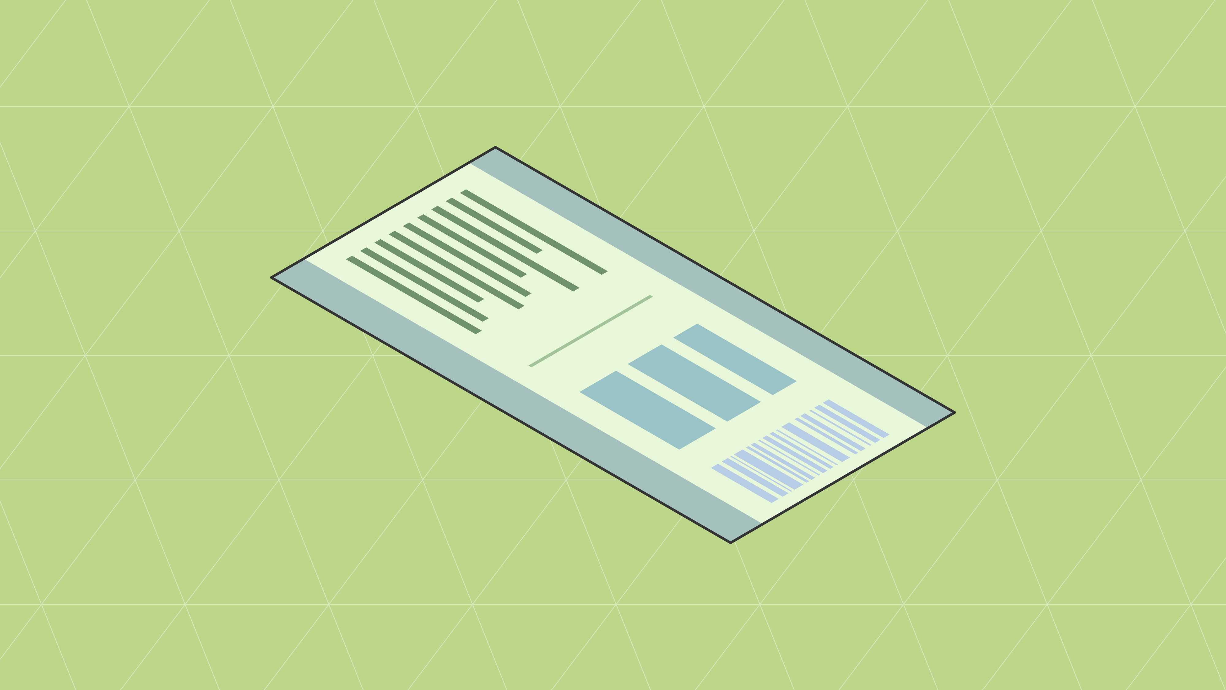 Isometric view of a product packaging label showing dark green barcode lines, light blue product information sections, and a UPC barcode on sage green background.