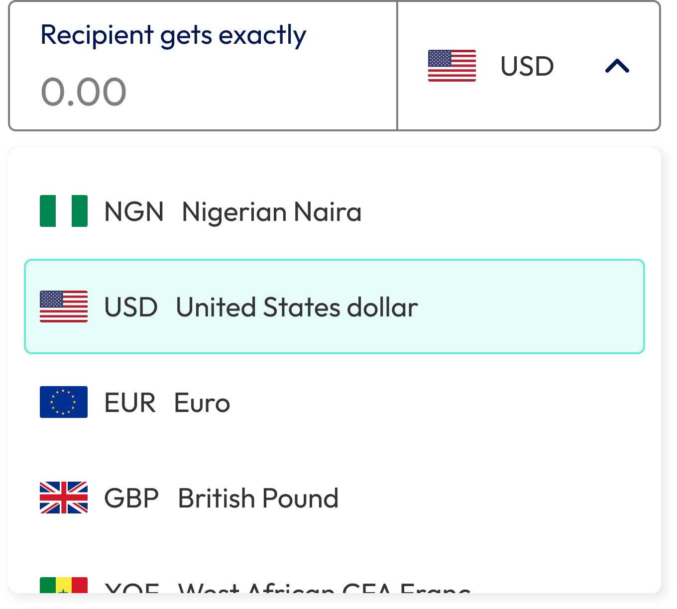 An input, dropdown and dropdown menu showing some of many currencies a recipient can be paid in.