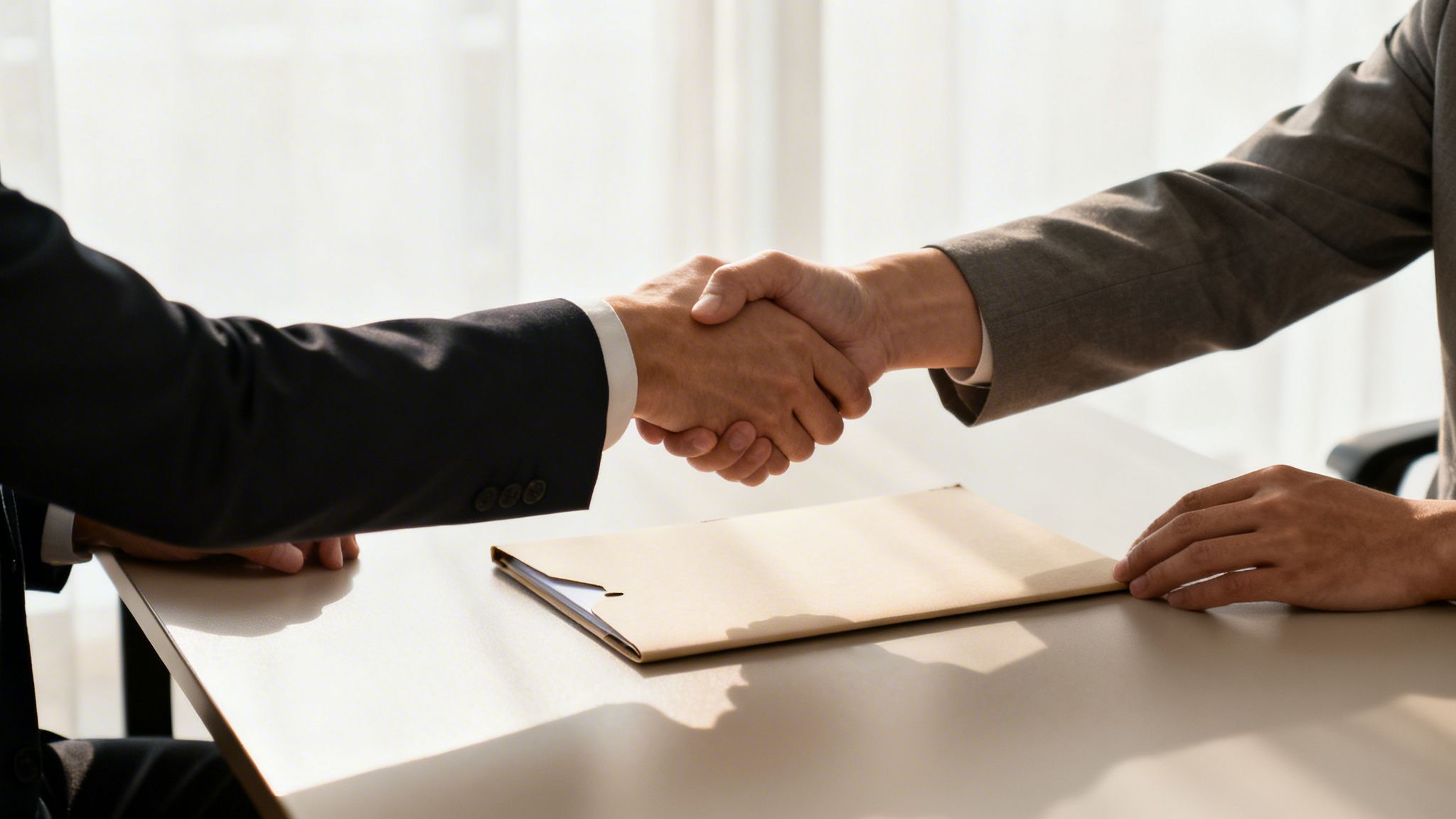 Dos personas de negocios dándose la mano sobre un escritorio, sellando un acuerdo importante.