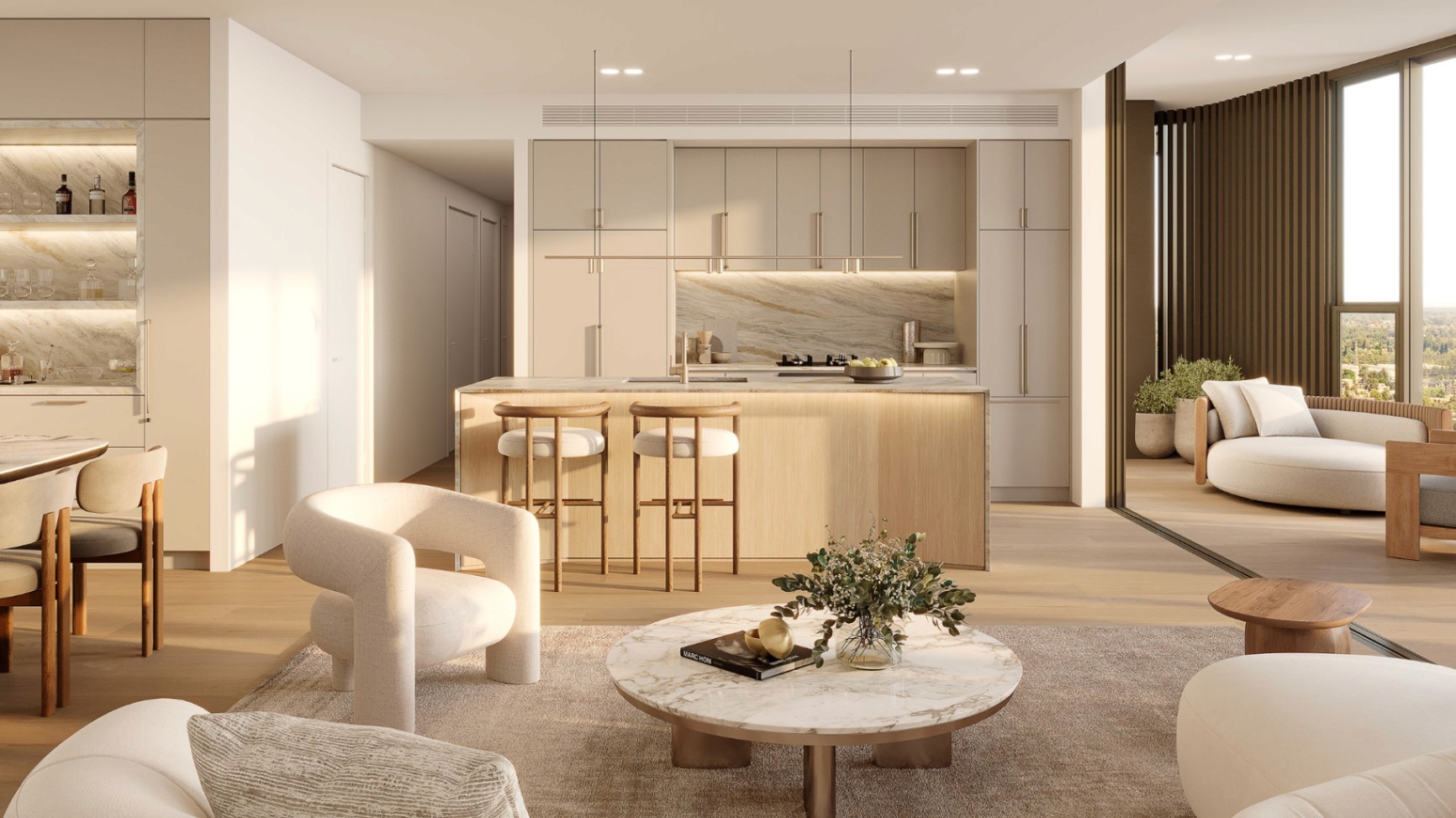 Spacious open plan living and kitchen area at Concord Central with premium finishes, natural light and modern interiors.