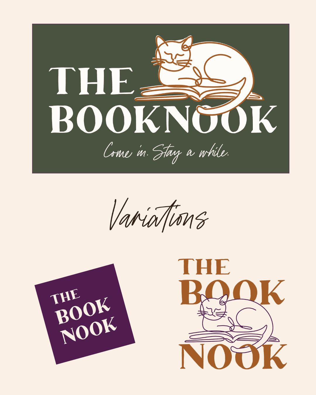 Variations of The Booknook logo suite showing the primary mark on an Aldine green background with a line-art cat, and two variations: a Marginalia purple block lockup and an amber stacked lockup with cat illustration.