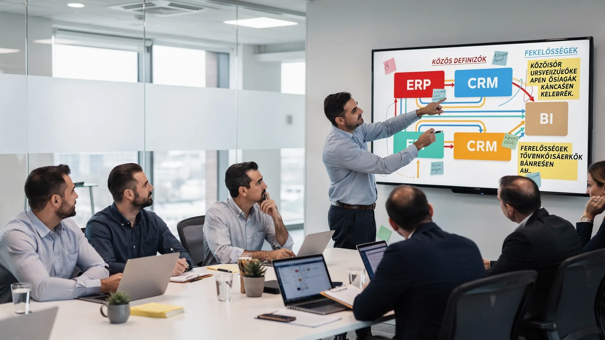 Vállalati workshop jelenet: IT és üzleti szereplők egy tárgyalóban integrációs térképet néznek egy falon lévő táblán, rajta ERP, CRM, BI dobozok és adatfolyam nyilak, a fókusz a közös definíciókon és felelősségeken van.