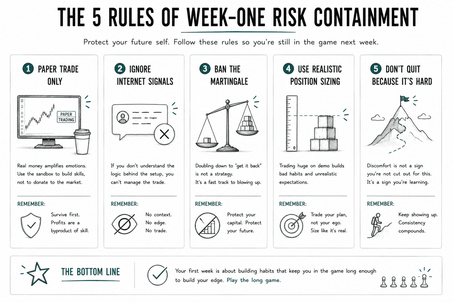 A five-panel infographic outlining essential rules for a trader's first week, including paper trading only, ignoring online trading signals, avoiding Martingale position sizing, using realistic trade sizes, and continuing through early frustration. The framework helps new traders recognize safe habits before risking real capital.
