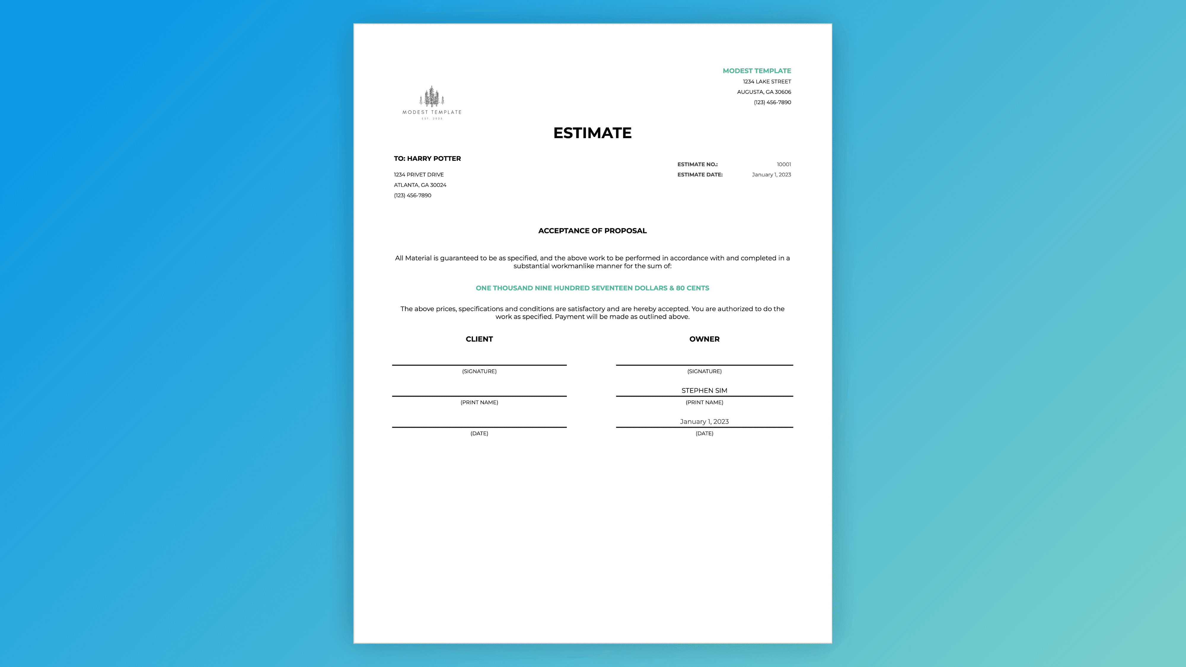 Professional estimate template with acceptance of proposal – bill to client, terms, total amount in words, signature lines for client and owner, and due upon delivery