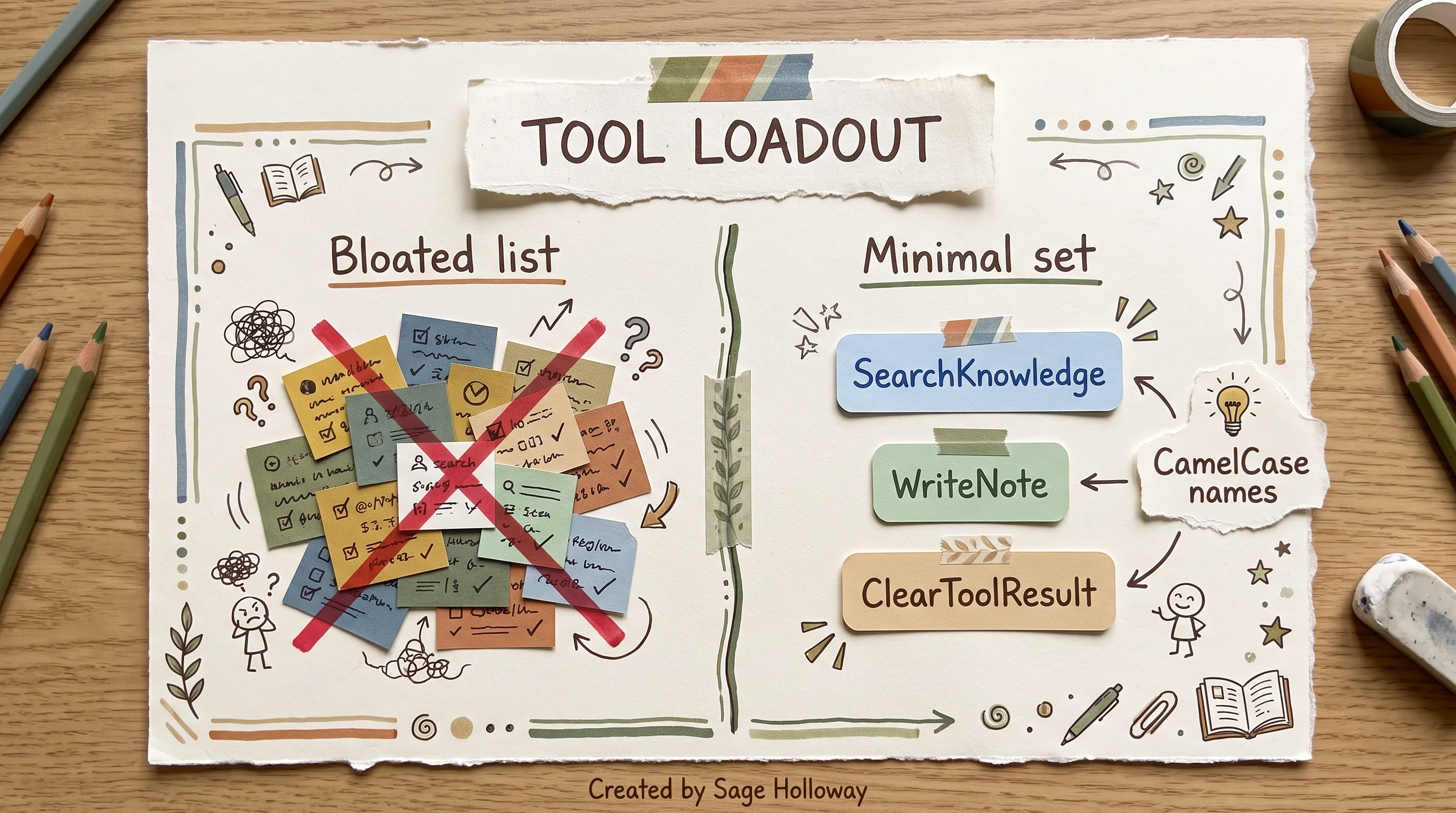Scrapbook diagram comparing bloated tool lists to a minimal CamelCase toolset