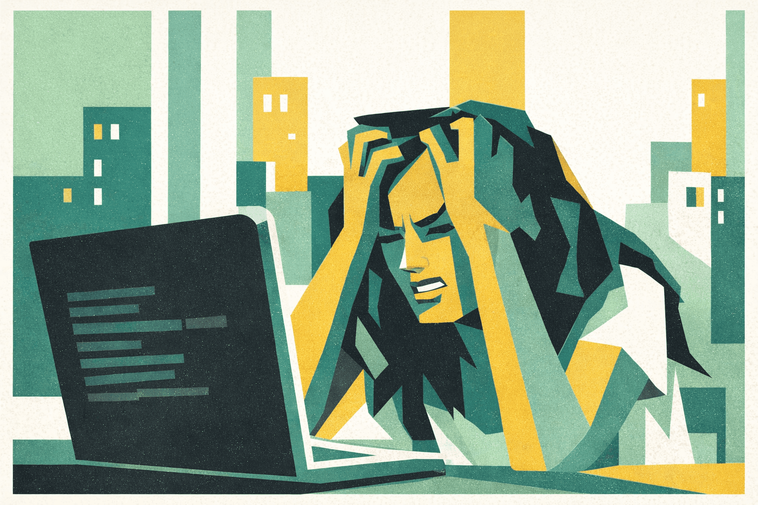 Giovane donna in difficoltà davanti al computer, stress e confusione sulle competenze richieste dal lavoro