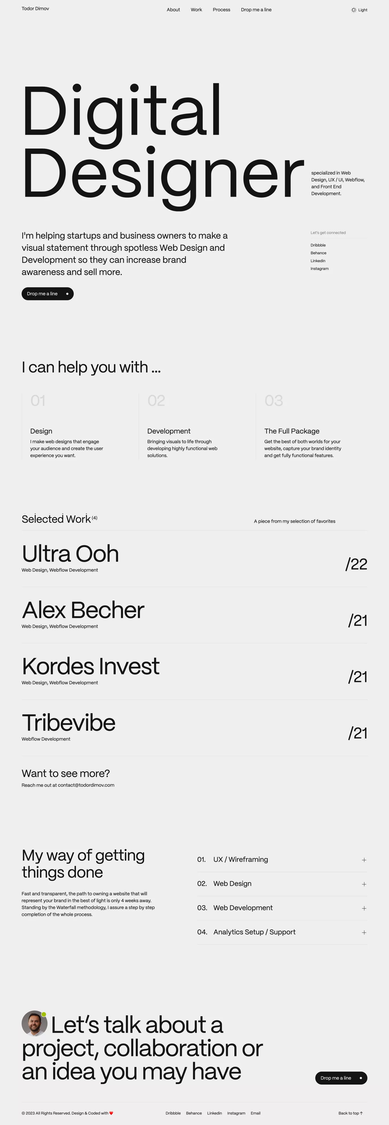 Todor Dimov portfolio page screenshot showcasing Design and Tech design