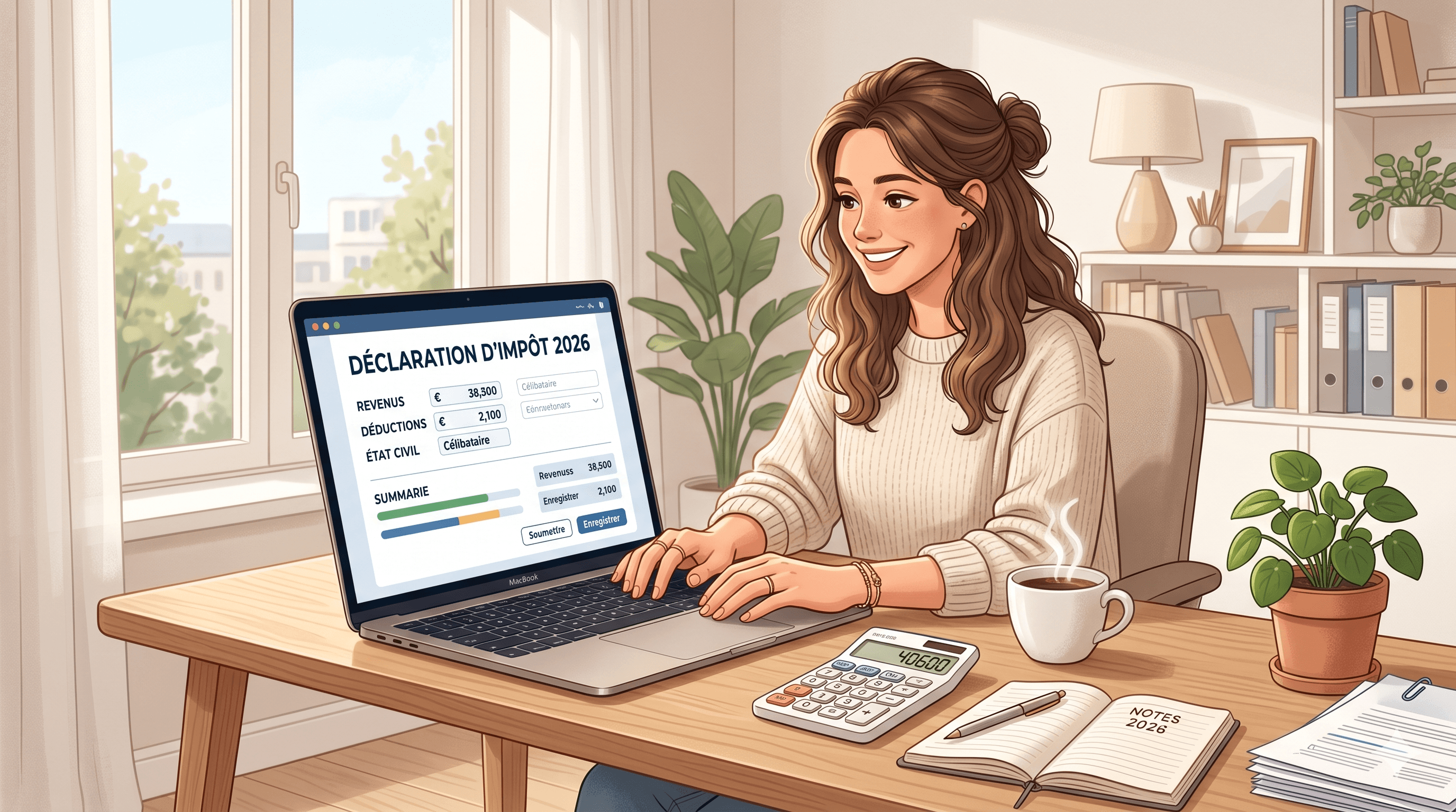 Illustration d'une femme sereine remplissant sa déclaration d'impôt 2026 sur un ordinateur portable dans un bureau lumineux et ordonné avec un café et une calculatrice.