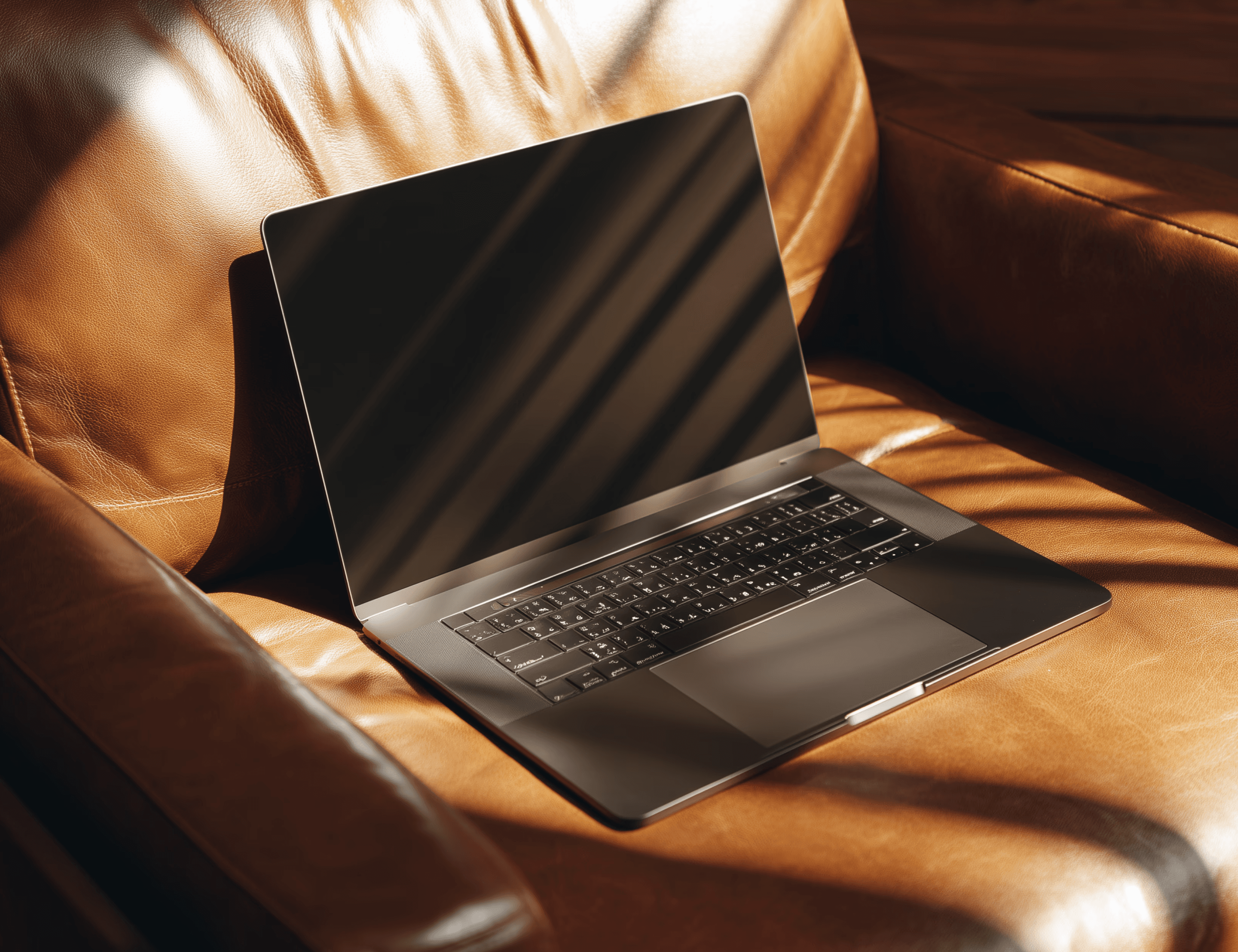Open laptop on a brown leather armchair, with sunlight illuminating the screen and keyboard.