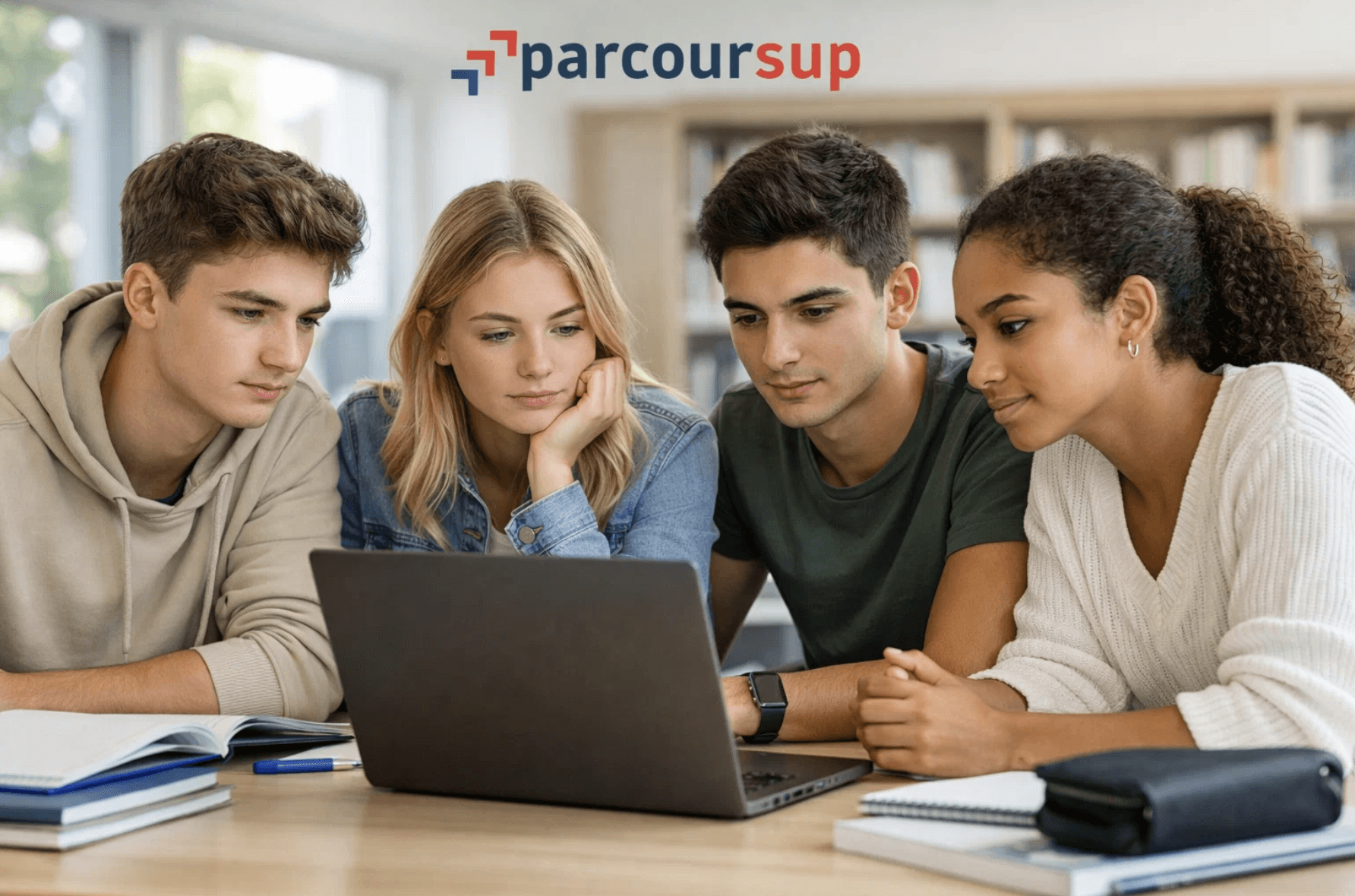 Groupe d’étudiants réfléchissant à leur orientation post-bac autour d’un ordinateur portable, dans le cadre de la phase des vœux Parcoursup 2026, avec le logo Parcoursup visible en haut de l’image.