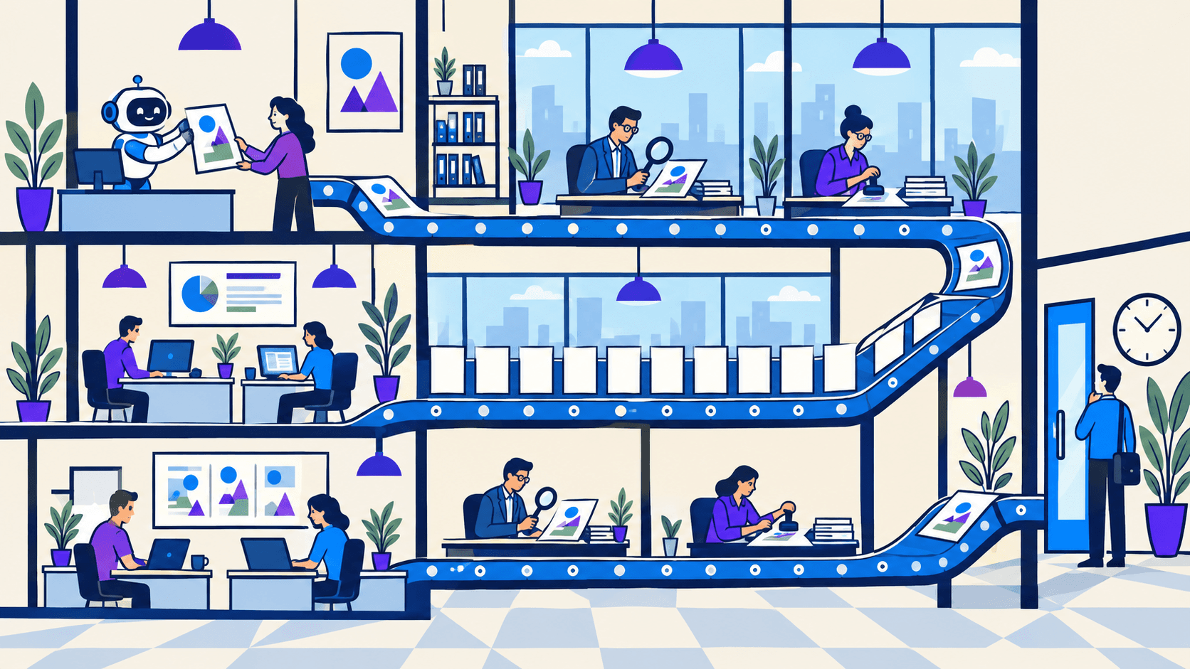 Ein Roboter übergibt in einem Bankmarketingbüro einen Kampagnenentwurf an eine Marketerin, der Entwurf wandert über ein langes Förderband an mehreren Prüfern mit Lupen und Stempeln vorbei, während ein Kunde an der Tür auf die Uhr schaut