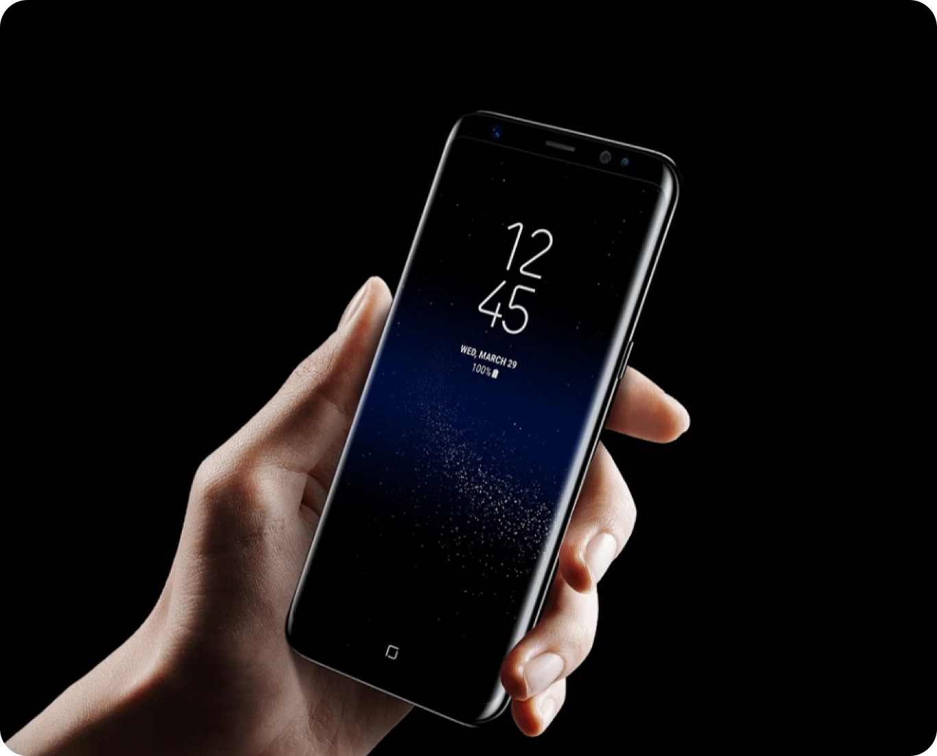 Galaxy S8 phones displaying blue, purple, pink, and gold Infinity Wallpapers.