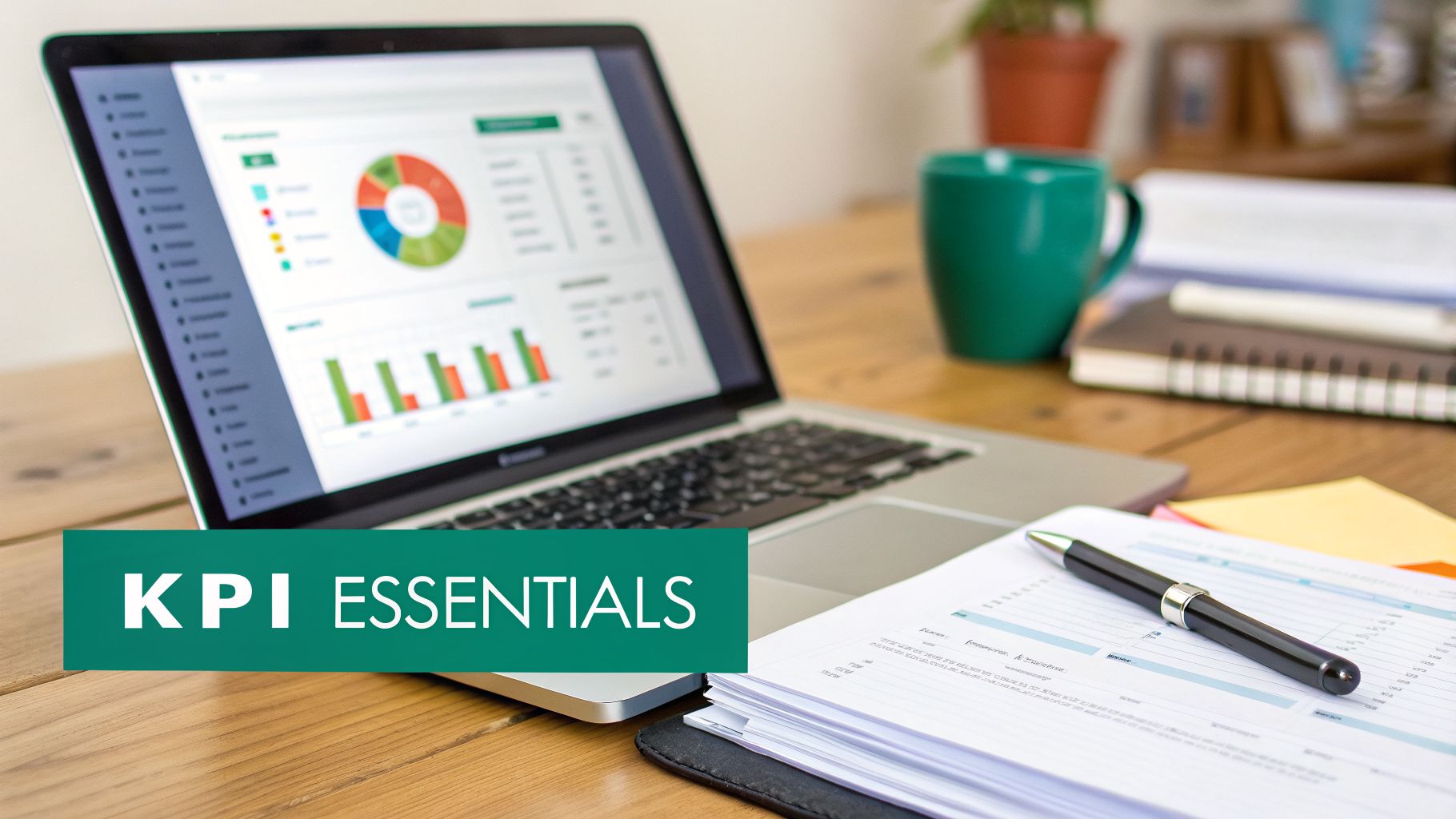 Un ordinateur portable sur un bureau en bois affiche des tableaux de bord et des données, avec des documents et un stylo.