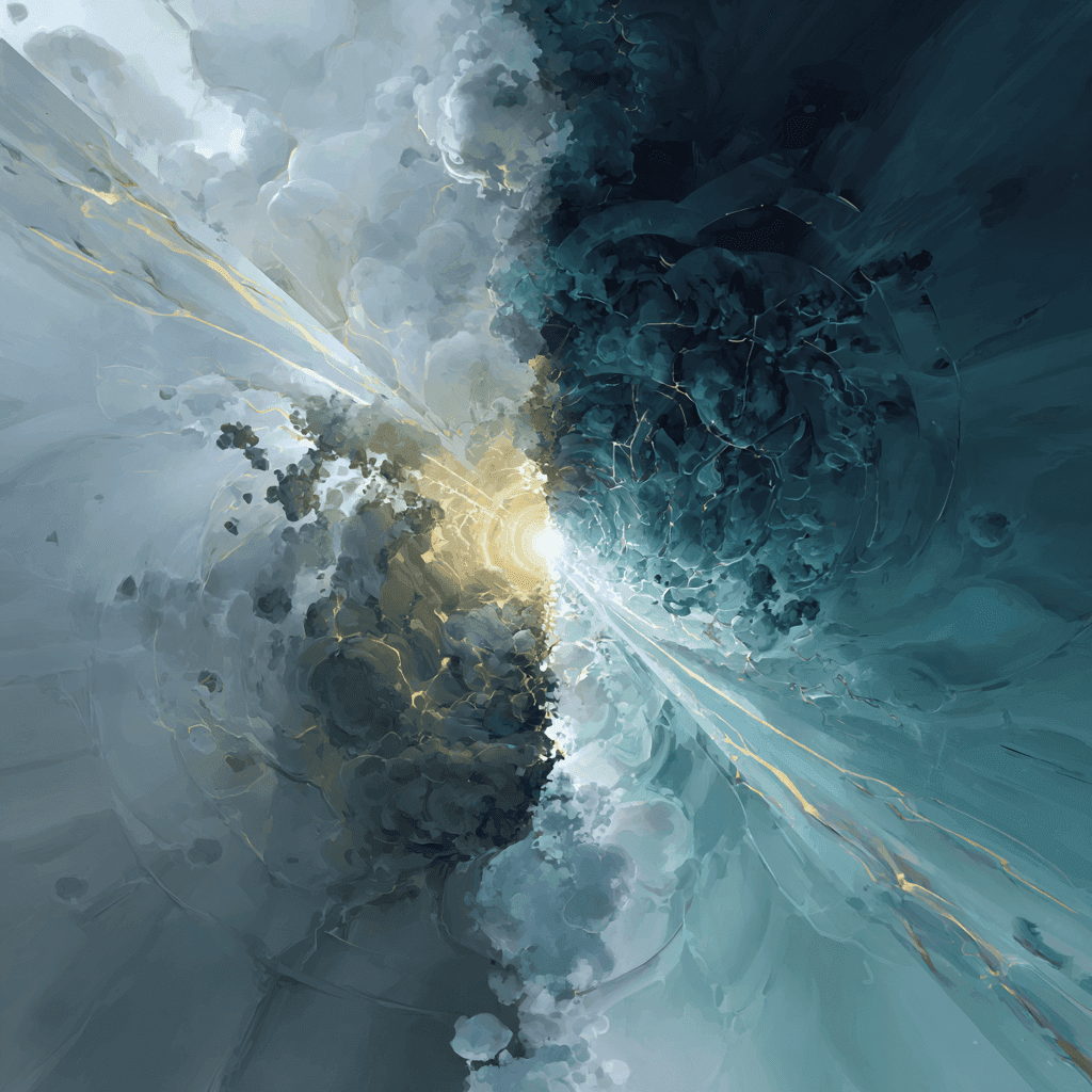 A surreal split-scene digital painting symbolizing the transformation from obscurity to authority on the left, abstract swirling forms of smoky grey, deep navy, and translucent white suggesting invisibility, fading figures lost in chaotic, jagged lines resembling broken communication signals, obstructed by spiked, sinister structures and static noise. On the right, vibrant lines of glowing gold, teal, and clean silver flow smoothly through a crystalline channel, forming a powerful, centralized energy beam representing focused communication and influence. The two sides are divided by a soft glow or portal, hinting at breakthrough. Scene is conceptual and metaphorical no faces, no humans, only visual metaphor. Style is high-definition concept art, cinematic lighting, moody depth. ultra-detailed, emotional atmosphere, dramatic contrast between chaos and clarity. Use colors to symbolize the journey from invisible to visible muted and cloudy on one side, vibrant and luminous on the other.