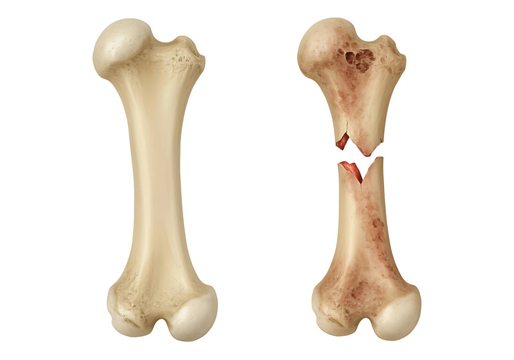 Vergleich eines gesunden Oberschenkelknochens mit einem durch Osteoporose gebrochenen Oberschenkelknochen