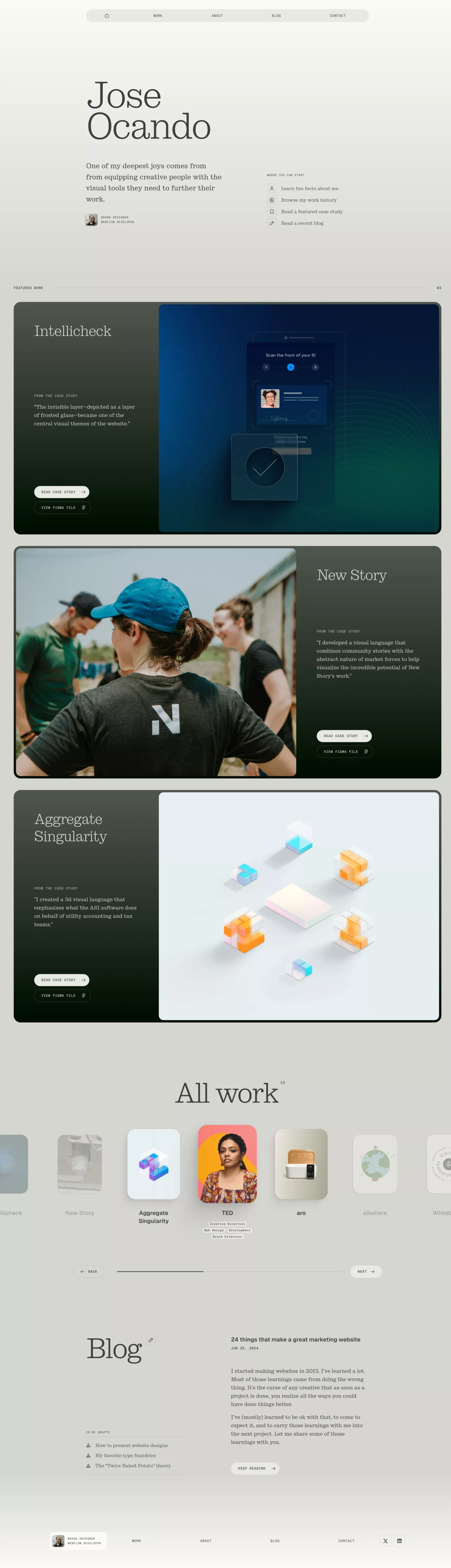 Jose Ocando portfolio page screenshot showcasing Design and Tech design