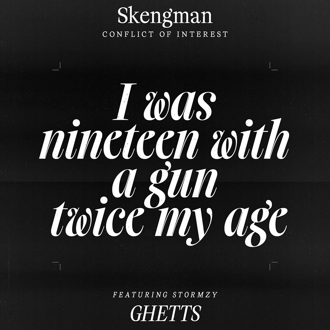 a big citation from a rap song from Skengman set in Timez Strange Italic in white on black