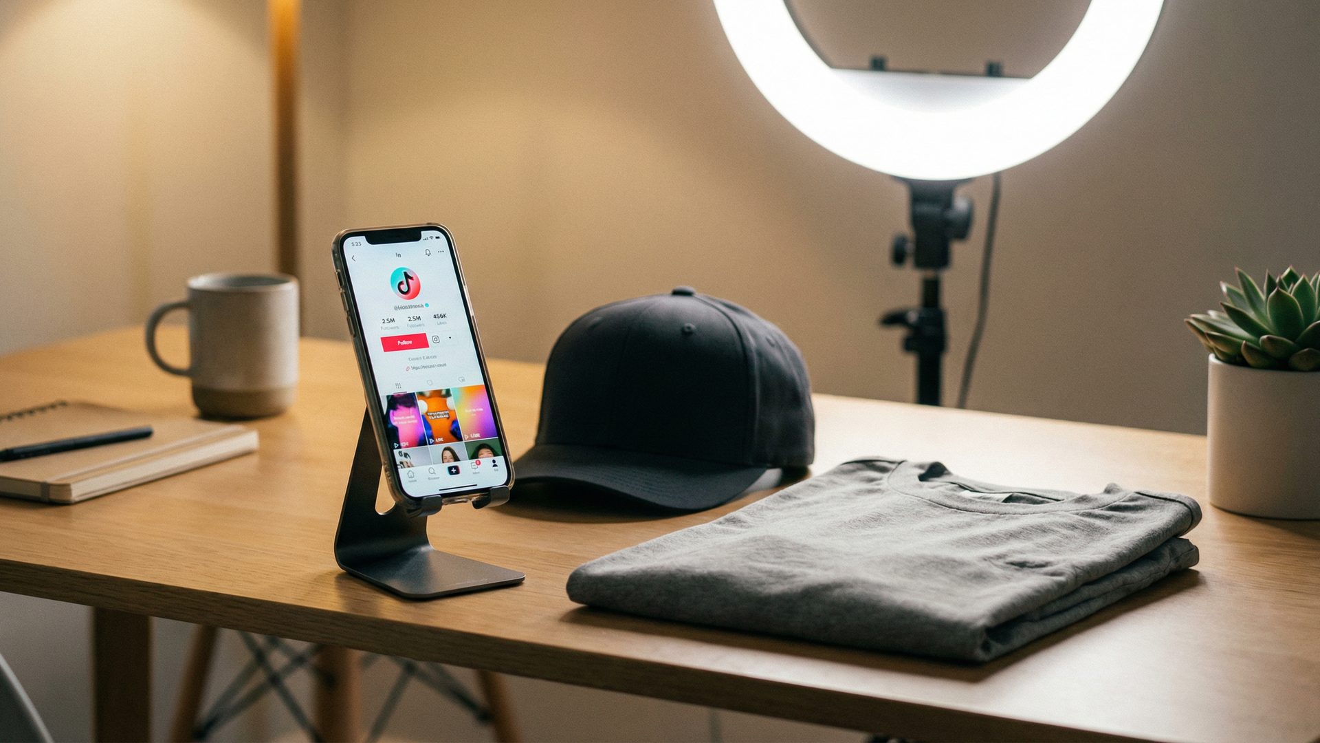 A smartphone on a desk stand showing a social media profile with high follower counts, next to a black baseball cap and a folded grey tee — connecting a media presence with a merchandise line.