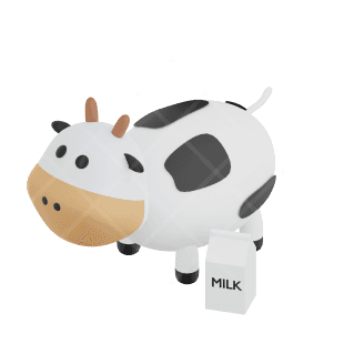 A cute cartoon-style cow with a white body, black spots, and small horns, smiling happily.