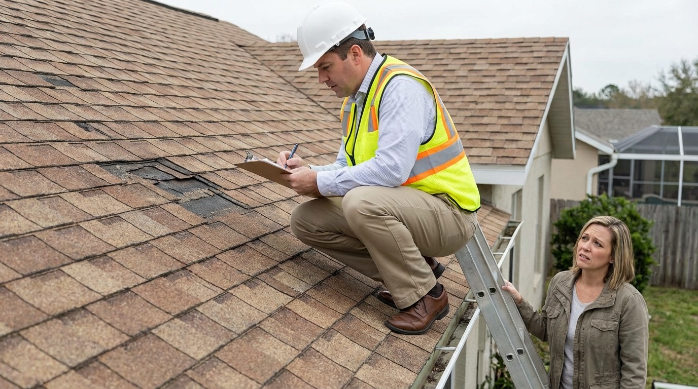 Public adjuster inspecting roof damage and documenting findings for insurance appeal