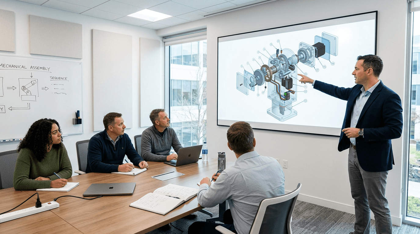 A technical instructor presenting a 3D exploded mechanical assembly animation to a group of manufacturing trainees in a modern training room — Penguincil Design