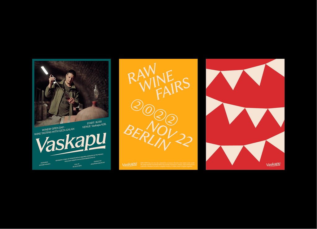 Poster triptych for Vaskapu Winery designed by Marcell Kazsik — promotional prints for Raw Wine Fair Berlin 2022, combining analogue textures, vintage hues, and bold contemporary typography.