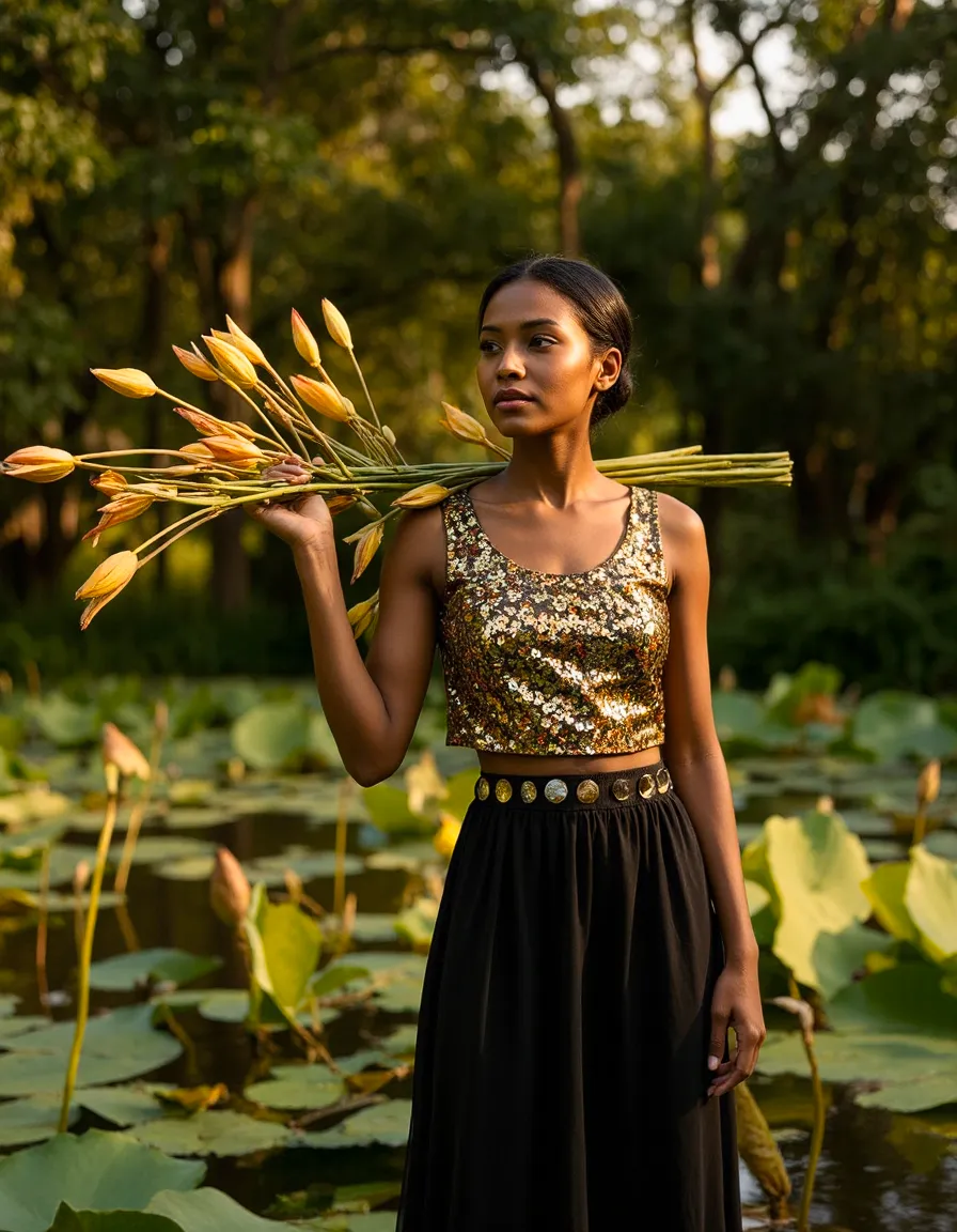Elegant fashion portrait featuring a gold sequined top and black skirt, model holding yellow lotus buds by a lily pad pond at golden hour