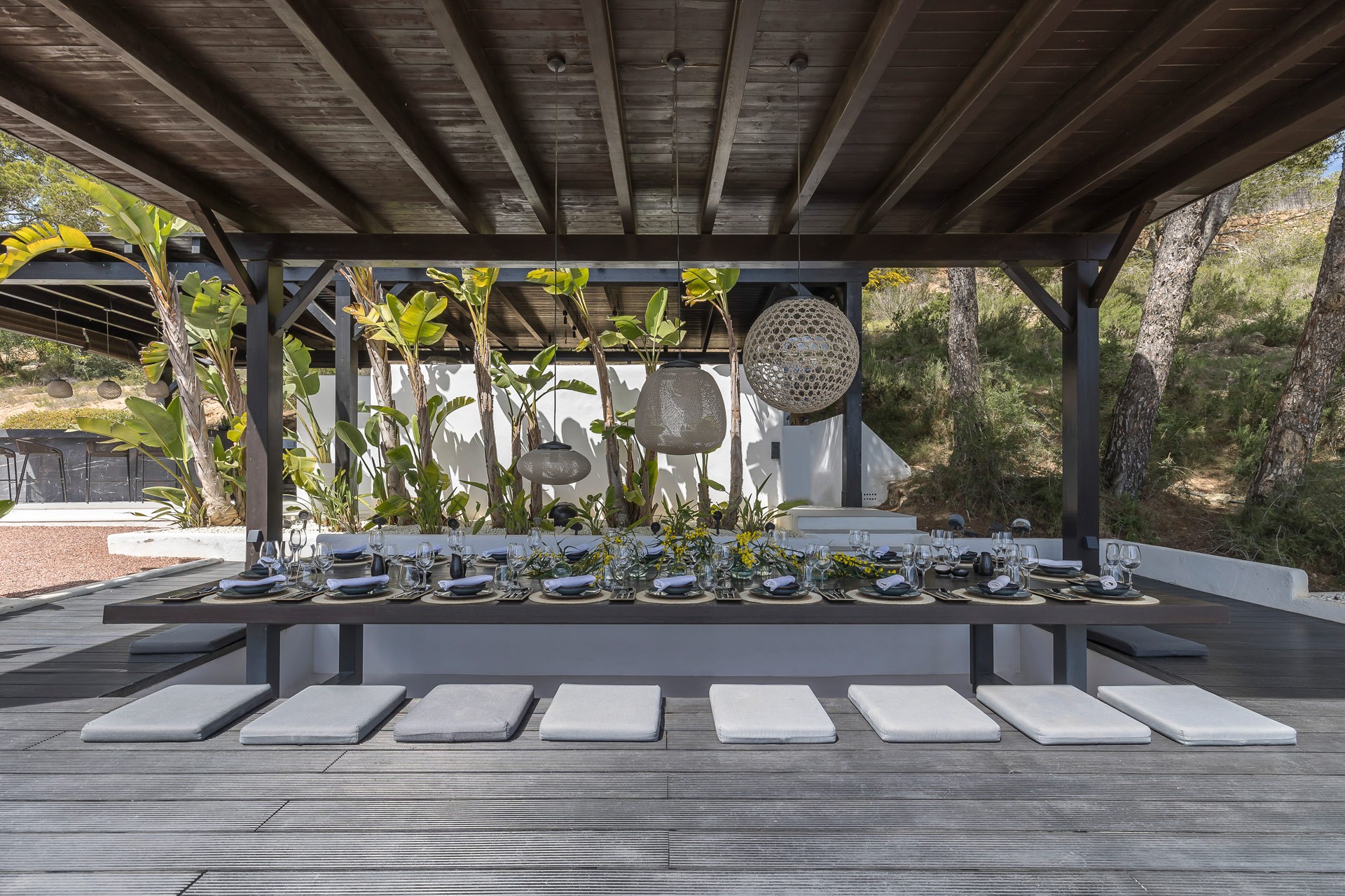 Dining deck kitchen view at an exclusive luxury villa Ibiza—private VIP estate property wedding events holiday retreat
