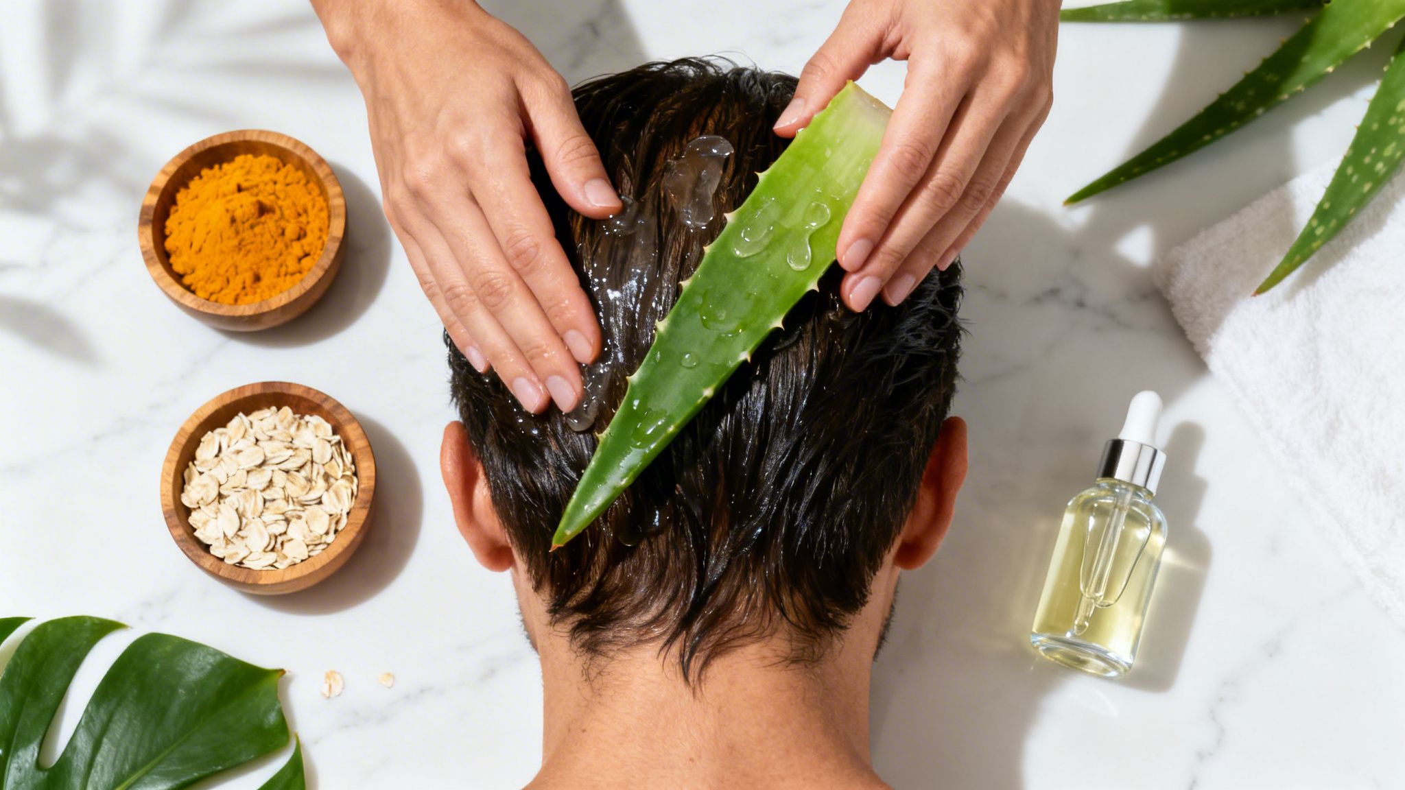 a mans head with many natural ingredients surounding him