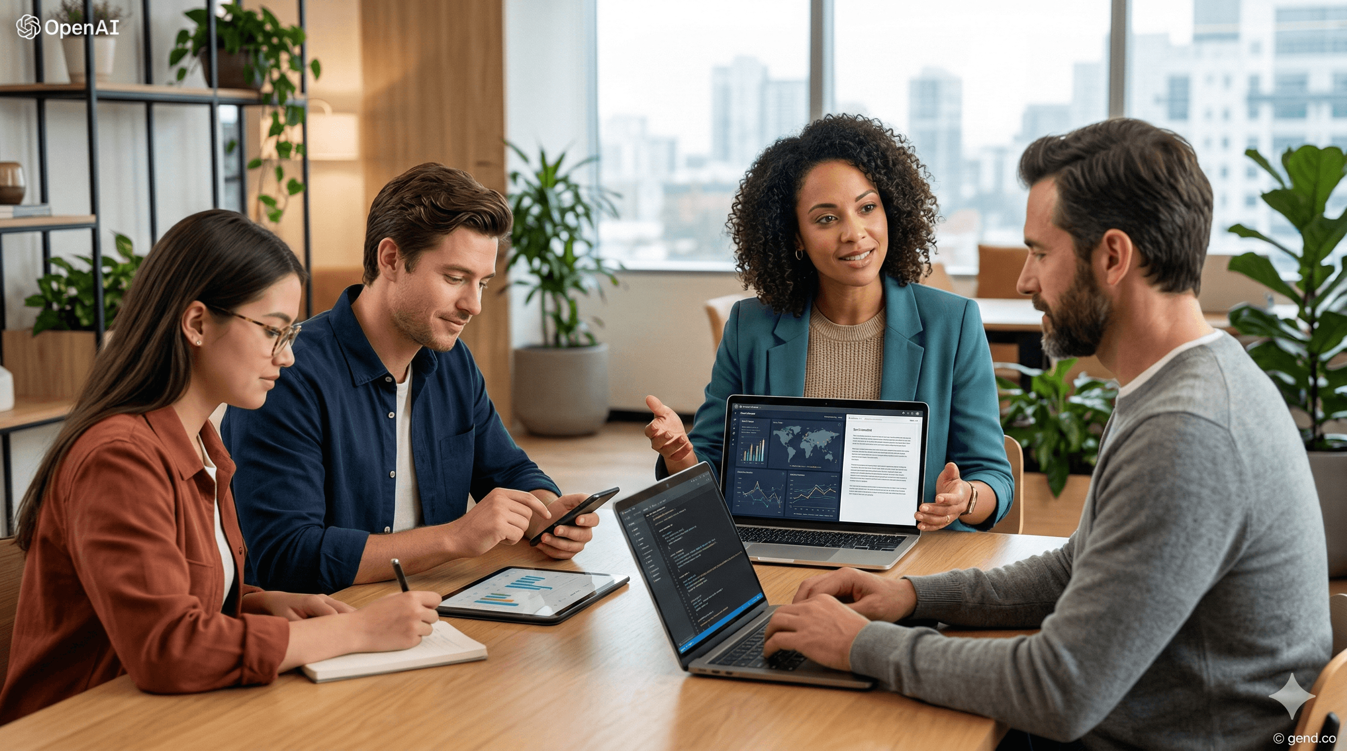 A diverse group of professionals engage in a collaborative meeting at a modern office, with laptops displaying data and graphs related to GPT-5 benchmarks and evaluations, highlighting its use cases in business contexts.