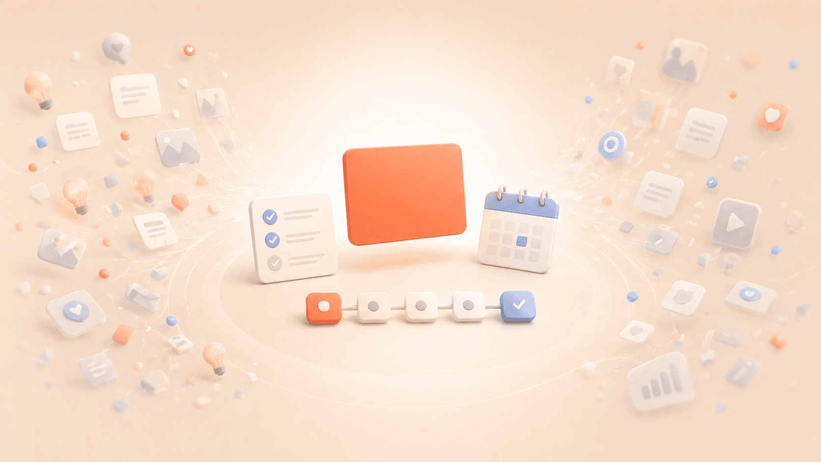 Minimalistische 3D-Illustration mit einer schwebenden korallfarbenen Fokuskarte im Zentrum, flankiert von einer Checkliste, einem Kalenderblock und einer kleinen Schritt-für-Schritt-Abfolge. Von den Rändern driften halbtransparente Ideen-, Reiz- und Aufgabenfragmente in Richtung Mitte, während sie im warmen cremebeigen Hintergrund verblassen und den Übergang von unstrukturierter Motivation zu klarer Umsetzung durch Systeme darstellen.