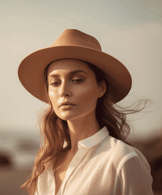 Back view of woman meditating by lake during orange sunset.