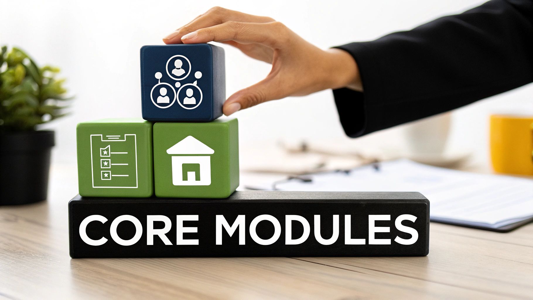 A hand places a blue block with people icons on green blocks (checklist, house), labeled 'CORE MODULES'.