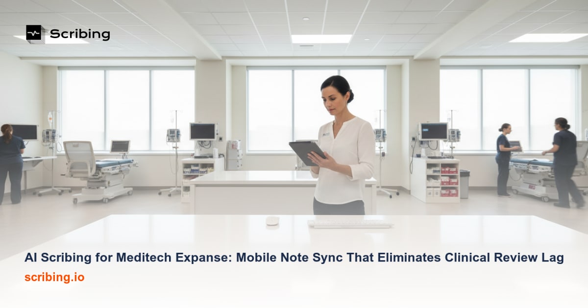 Physician using mobile device to sync AI-generated clinical notes with MEDITECH Expanse EHR system in a hospital setting
